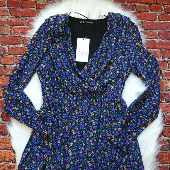 NWT ZARA Wrap Dress Floral Shoulder Pad Bohemian Flowy Long Sleeves Zipper M - Picture 5 of 13